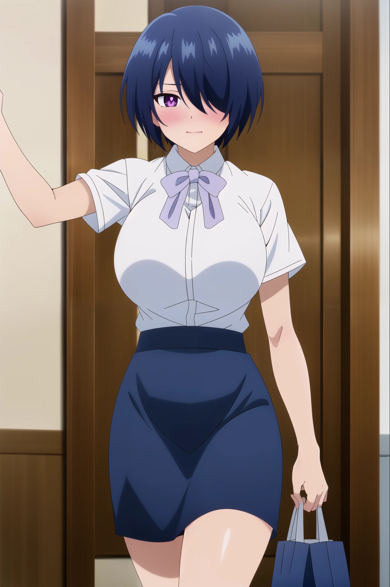 cowboy shot, huge breast, 1girl, solo, blush, short hair, skirt, blue hair, bag, white shirt, purple eyes,, ((hair over one eyes)), blue skirt, pencil skirt, (masterpiece: 1.0), (best_quality: 1.0), ultra high resolution, 4K, ultra detailed, photography, 8K, HDR, highres, absurders:1.2, Kodak portra 400, film grain, blurred background, bokeh:1.2, l (vibrant_color:1.2) (Beautiful), (beautiful_face:1.5),(narrow_waist), anime style, sharp focus, professional artwork,trending on pixiv, detailed bold arm lines, high color saturation, bold lines, bold drawing lines), (white skin, (fair skin), wide hips,