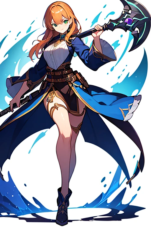 (((Best Quality))) , ((full body)), female, high fantasy outfit, solo, (white background), holding weapon, belt, blue, orange, green, violet, brown, white, character design,