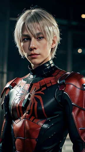 A white hair, japanese age boy, bang, Gojo Satorou hairstyle, blue eyes, 15 years, young, pale skin, slender body, wide chest, Ultra high res, uhd, (photorealistic:1.4), doll-like face, futuristic spiderman black armor with a red spider web pattern, plasma sword