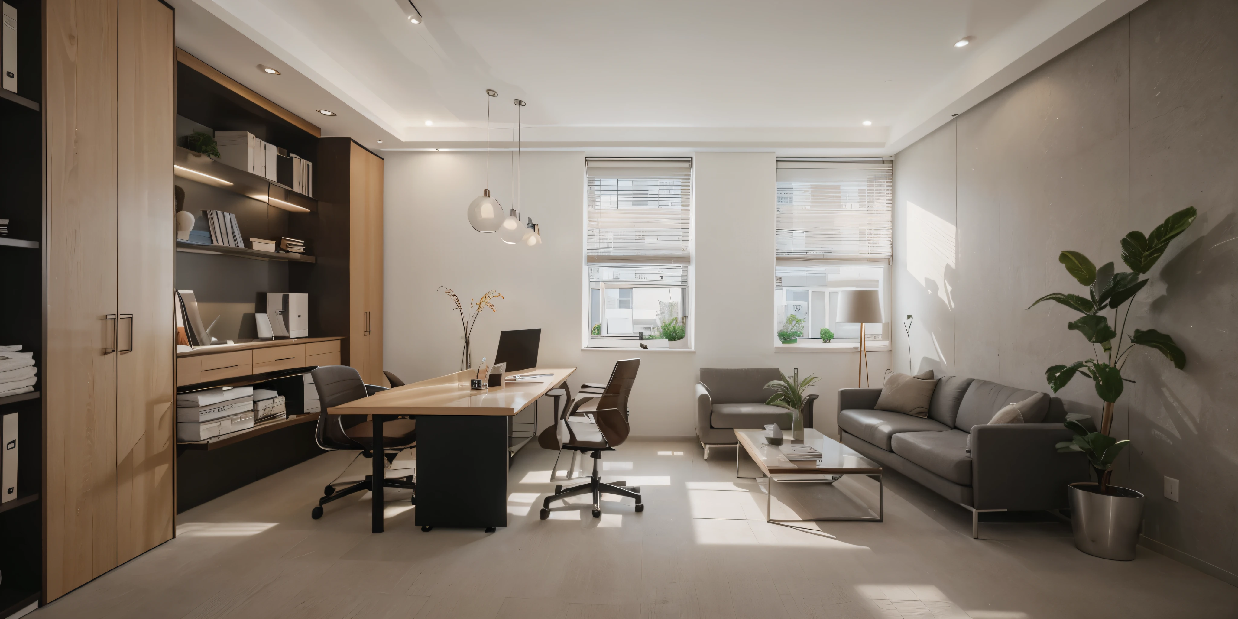 There is a room with a sofa, a table, and a chair, office, home inside the office, modern office, office indoor, Professional Rendering, Modern minimalist f 2 0, Fully equipped space, Fully equipped space, inside the office, Architectural renderings, rendering in enscape, CGRendering, Simple office, Realistic Physical Rendering, Rendering