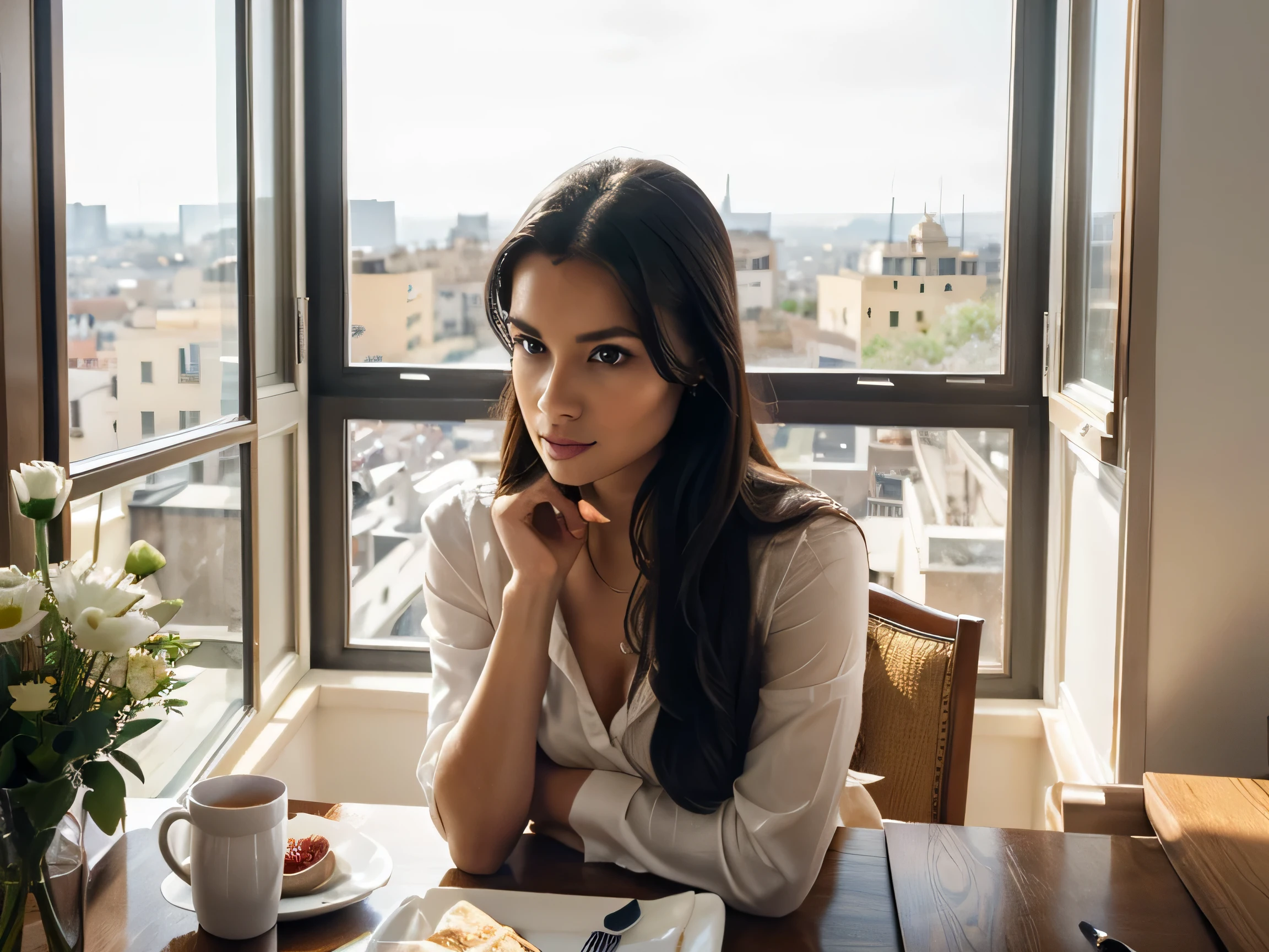 European woman, Ultrorealistic, 20 years old, in a restaurant, in the city of Matera, sitting in a chair and waiting for the waiter, with ponytail hairstyle and wearing, (Best quality,4k,8K,High resolution,masterpiece:1.2),Ultra-detailed,(realistic,photo-realistic,photo-realistic:1.37),Bright colors,Bokeh,Portraits,Black hair,Light skin,Bright blue eyes,Beautifully detailed lips,Elegant pose,Stylish and modern restaurant interior,Soft natural light,Silver cutlery on the table,Waffles on the table,Lots of food on the table,Waffles,Menu card on the table,Waiters in formal wear,Woman's table by the window overlooking the cityscape of Matera,Hint of sunlight pouring in the window,Creating a warm and cozy atmosphere. stones_of_matter in the background