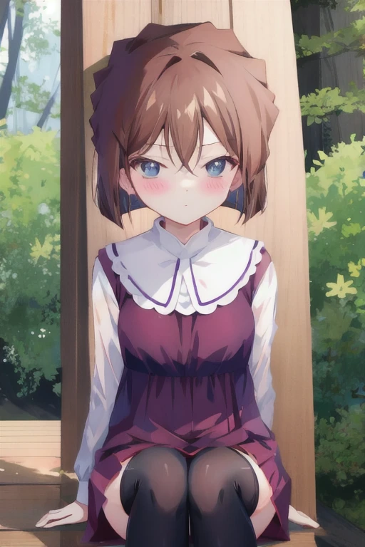 Phase Huiyuan, short hair, brown hair, bangs, Hair between the eyes, blue eyes, Short dress, zettai_ryouiki, Embarrassing, blush, squat, forest 