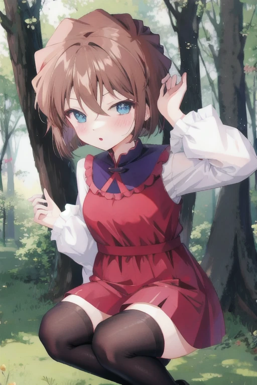 Phase Huiyuan, short hair, brown hair, bangs, Hair between the eyes, blue eyes, Short dress, zettai_ryouiki, Embarrassing, blush, squat, forest 