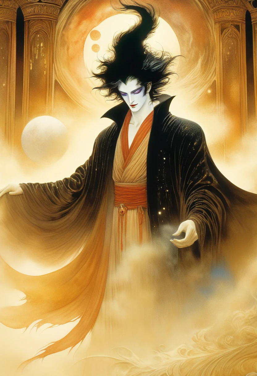 best quality,4k,8k,highres,masterpiece:1.2,ultra-detailed,realistic:1.37,HDR,UHD,ultra-fine painting,sharp focus,Cinematic Shot,dynamic pose,(A sandman, the God of dreams, inside his dreamlike palace, in the ethereal realm of dreams, surrounded by the mystical and ghostly dimensions.), (He is manipulating magical dust, creating illusions that transcend reality.), (His appearance features pale skin and wide, mesmerizing eyes.),(his mantle is completely made of black feathers sewn together:1.4), (The artwork is inspired by a sci-fi aesthetic, with a dreamlike atmosphere reminiscent of Yoshitaka Amano's unique style.), (ghostly figures can be seen wandering in the background), (The colors are vivid and surreal, with a focus on mysterious lighting and rich hues.), (The image quality is of the highest standard, with an ultra-detailed and sharp focus to capture every intricate detail.), (The overall result is a masterpiece, showcasing the artist's skill in creating a mesmerizing portrayal of the Sandman and the dream realm.), sci-fi, Cinematic
