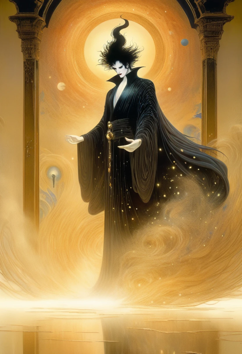best quality,4k,8k,highres,masterpiece:1.2,ultra-detailed,realistic:1.37,HDR,UHD,ultra-fine painting,sharp focus,Cinematic Shot,dynamic pose,(A sandman, the God of dreams, inside his dreamlike palace, in the ethereal realm of dreams, surrounded by the mystical and ghostly dimensions.), (He is manipulating magical dust, creating illusions that transcend reality.), (His appearance features pale skin and wide, mesmerizing eyes.),(his mantle is completely made of black feathers sewn together:1.4), (The artwork is inspired by a sci-fi aesthetic, with a dreamlike atmosphere reminiscent of Yoshitaka Amano's unique style.), (ghostly figures can be seen wandering in the background), (The colors are vivid and surreal, with a focus on mysterious lighting and rich hues.), (The image quality is of the highest standard, with an ultra-detailed and sharp focus to capture every intricate detail.), (The overall result is a masterpiece, showcasing the artist's skill in creating a mesmerizing portrayal of the Sandman and the dream realm.), sci-fi, Cinematic