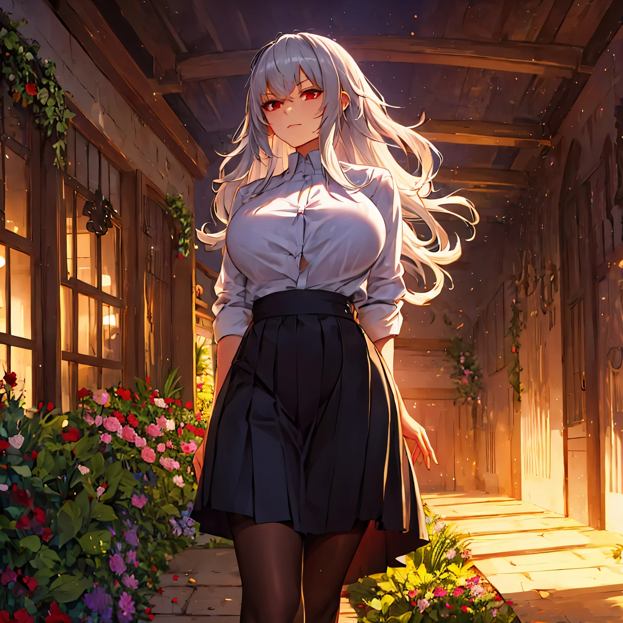 A woman wearing a white shirt, with a design of the German flag, black skirt, long silver hair, red eyes, serious face, big breast, walking in a garden of a traditional German castle, with trees and plantations around, concrete walkway, sunset,.HDR, ultra resolution, well defined, masterpiece, 8K HD. (solo woman)
