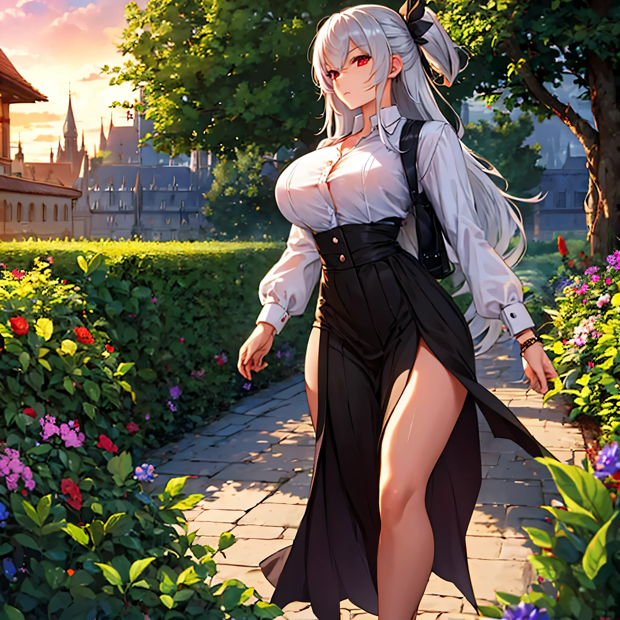 A woman wearing a white shirt, with a design of the German flag, black skirt, long silver hair, red eyes, serious face, big breast, walking in a garden of a traditional German castle, with trees and plantations around, concrete walkway, sunset,.HDR, ultra resolution, well defined, masterpiece, 8K HD. (solo woman)
