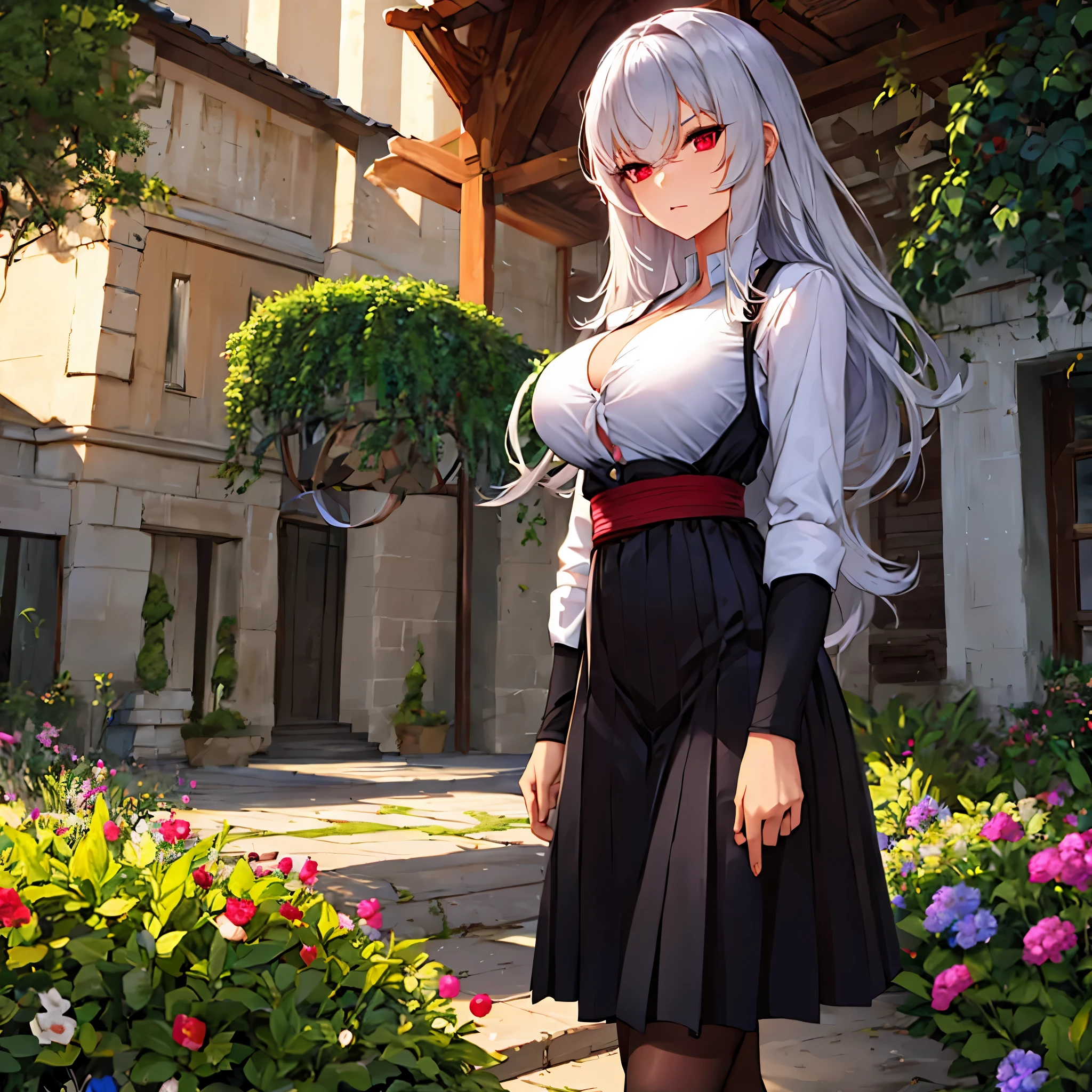 A woman wearing a white shirt, with a design of the German flag, black skirt, long silver hair, red eyes, serious face, big breast, walking in a garden of a traditional German castle, with trees and plantations around, concrete walkway, sunset,.HDR, ultra resolution, well defined, masterpiece, 8K HD. (solo woman)
