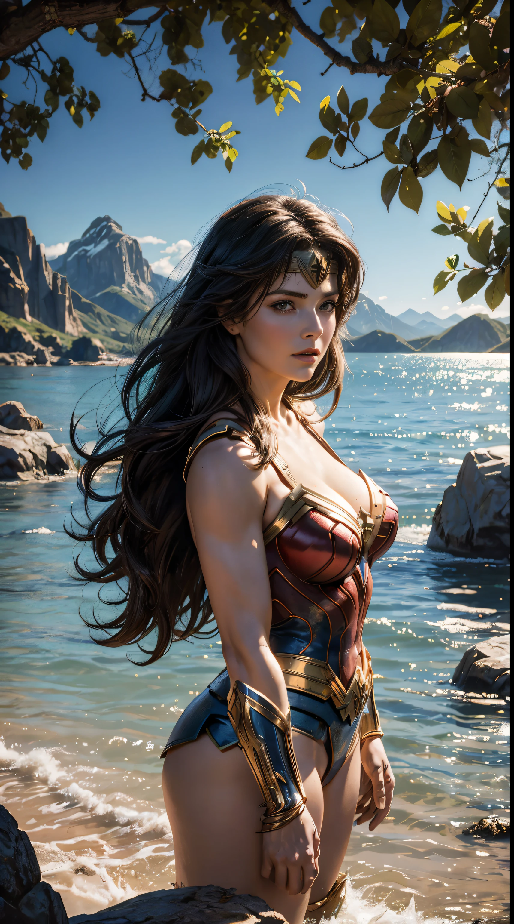 Art image of Lucy Lawless as Wonderwoman, , beautiful, long hair, large breaspletely naked, standn a river, mountains in background, upper body, front view, adequate evening sunlight on face, by Louis Royo, Boris Vallejo, Frank Frazetta