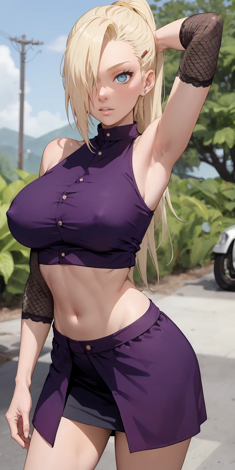 yamanaka ino, loose purple crop top, sleeveless, big breasts, (view of under-boob), lace underwear, short skirt, shaved armpits, long blonde hair, bangs, masterpiece, random action