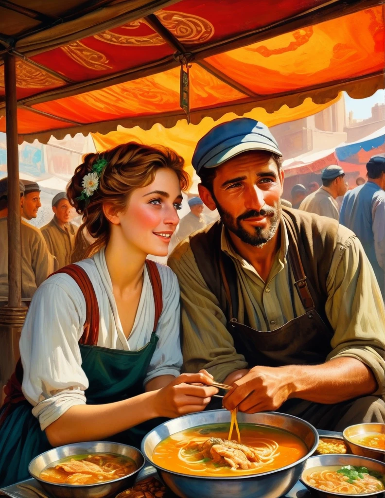 [Clark Kent:Henry Cavill:0.1]and [Lois Lane:Maude Adams:0.1] sits at the street food stall in Xinjiang, having meal a hot Chicken Soup happily, their eyes radiates love to each other, insanely detailed and intricate Xinjiang street food stall, photorealistic oil on canvas painting in Don Lawrence brush stroke style Alphonse Mucha Studio Ghibli