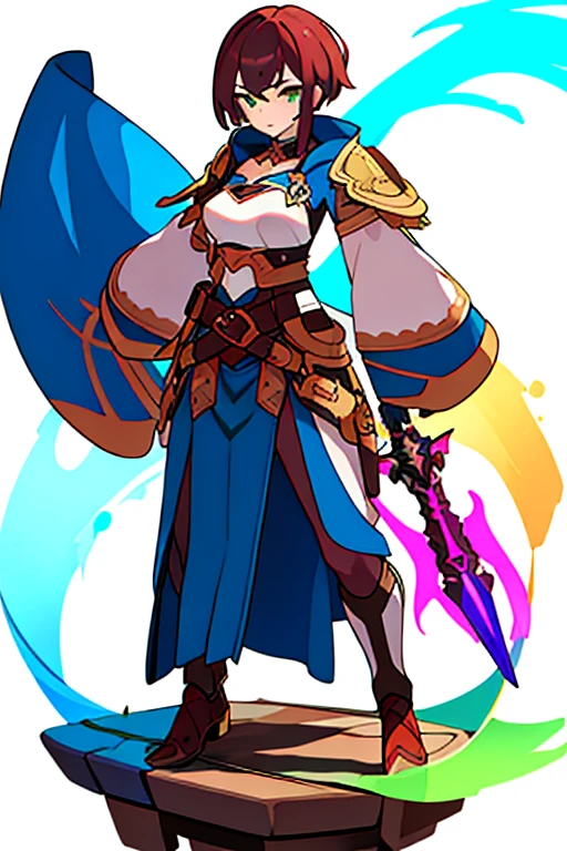 stand posture, ((full body)), adult female, high fantasy outfit, solo, (white background), holding weapon, belt, blue, orange, green, violet, brown, white, character design,