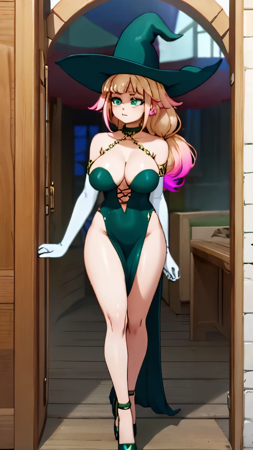 demia, full body, long hair, blonde hair, (green eyes:1.3), pink hair, braid, multicolored hair, single braid, gradient hair, gloves, hat, dress, cleavage, bare shoulders, choker, elbow gloves, white gloves, black dress, high heels, witch hat, side slit, witch,