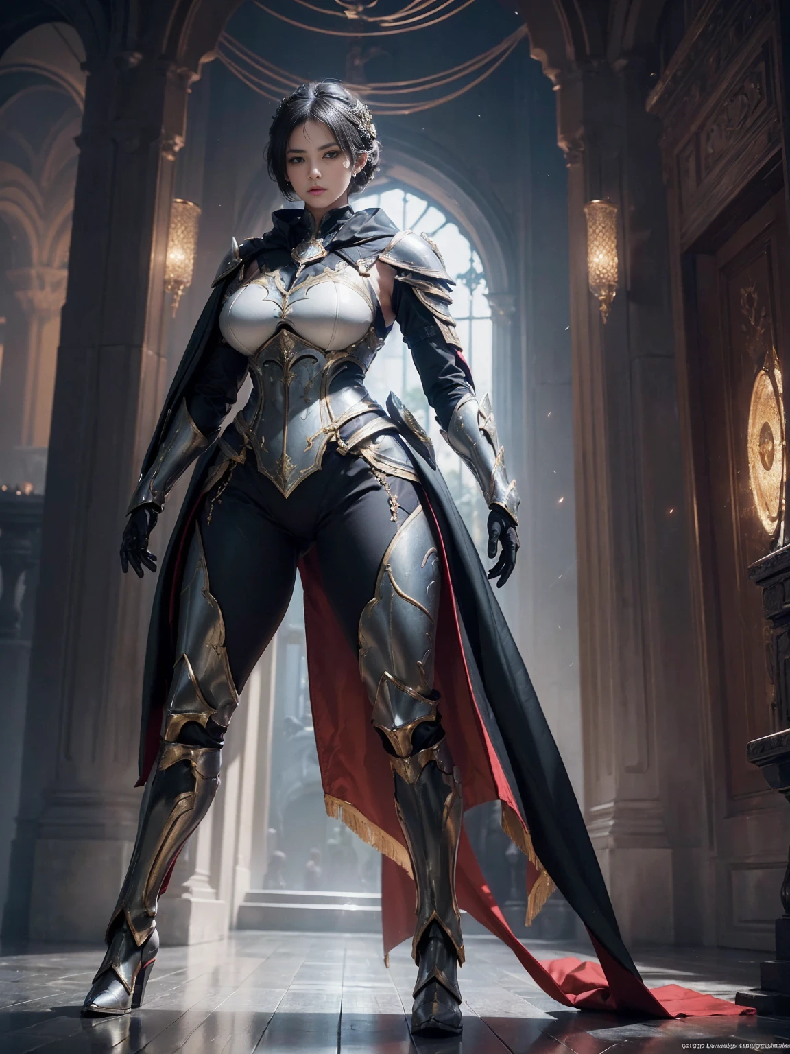((1 Full body single woman)) ,(Shooting from front), looking at the camera, centered image, tmasterpiece,A high resolution,Absolutely beautiful, facing camera, Tall and tall,big breast, white short hair with updo, (full coverage armor, Ornately decorated armor, Exquisite details of the armor and pants, warrior, gloves, show armor iron boots, pauldrons with capes, allure:(Tall:1.4),haughty,Mature temperament,(Wide buttock:1.4),(Thick thighs:1.4), Rich scene detail,In the midst of the war,are standing,action