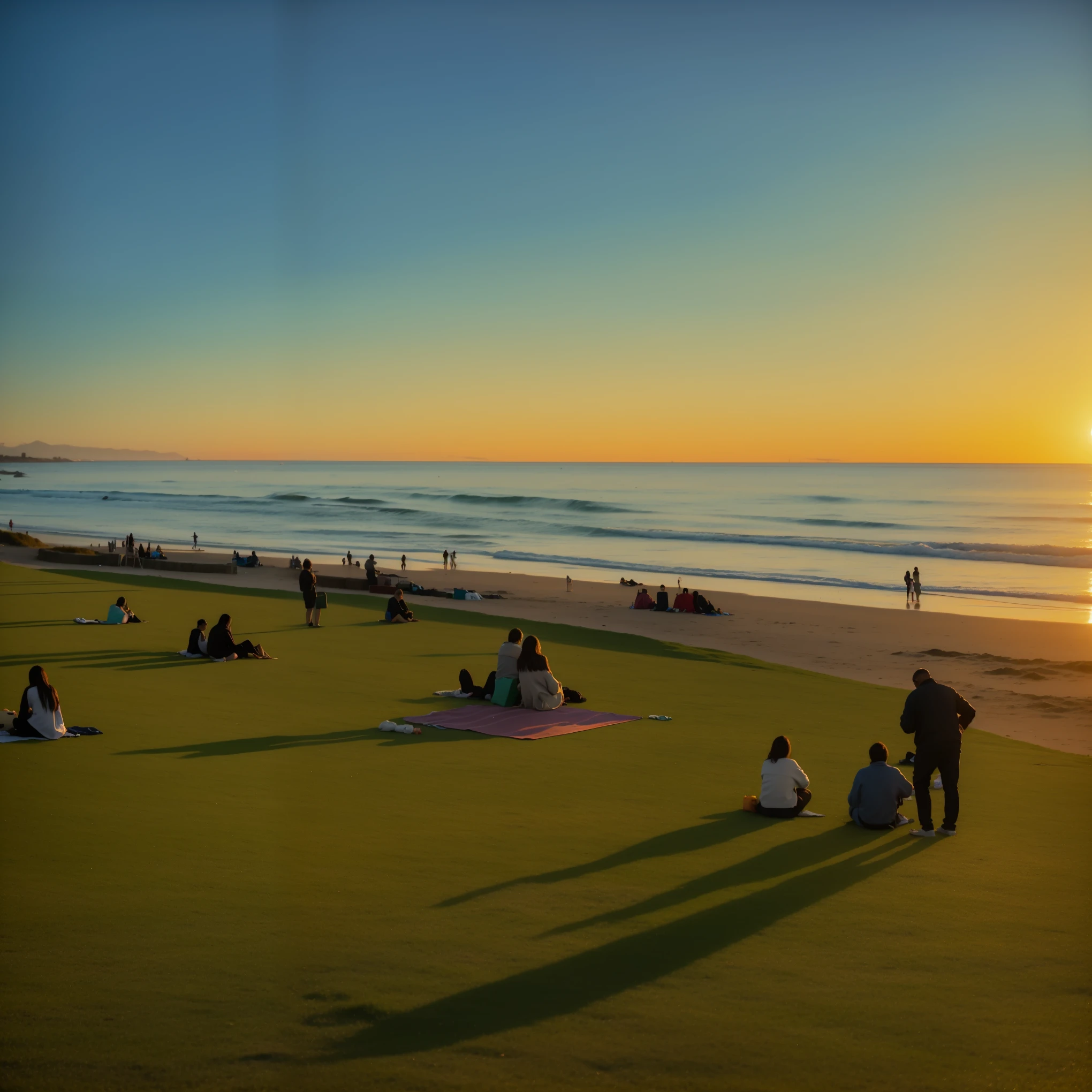 People sitting on the grass at the beach watching the sunset, People resting on the grass, Golden Hour in Pismo, California, taken prime time, On the beach at sunset, oceanside, Beach at sunset, Sunset on the beach, Sunset Beach, 在prime time, prime time, at dusk prime time
