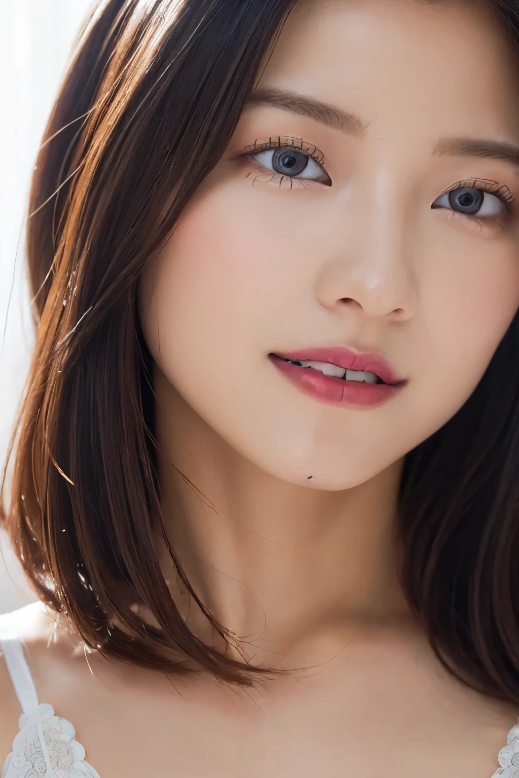 One Girl, (White Lingerie:1.8),((Close-up of face:1.4))、((a little heavy makeup:1.3))、 (RAW Photos, highest quality), (Realistic, Photorealistic:1.4), Tabletop, Very delicate and beautiful, Very detailed, 2k wallpaper, wonderful, In detail, Very detailedな CG Unity 8K 壁紙, Very detailedな, High resolution, Soft Light, Beautiful detailed girl, Very detailedな目と顔, Beautifully detailed nose, Beautiful fine details, Cinema Lighting, City lights at night, Perfect Anatomy, Slender body, smile