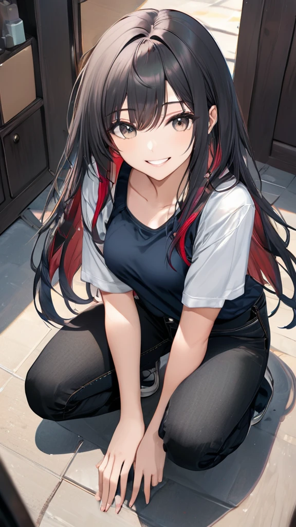 (full body:1.4), from above, (masterpiece:1.3)), (best quality:1.3),(ultra detailed:1.4),(extremely detailed),(absolutely resolution:1.3) ,absurdres,8k, 1girl, grin, ultra detailed eyes, long hair, multicolored hair, tanktops, jeans, squatting, waving hands,