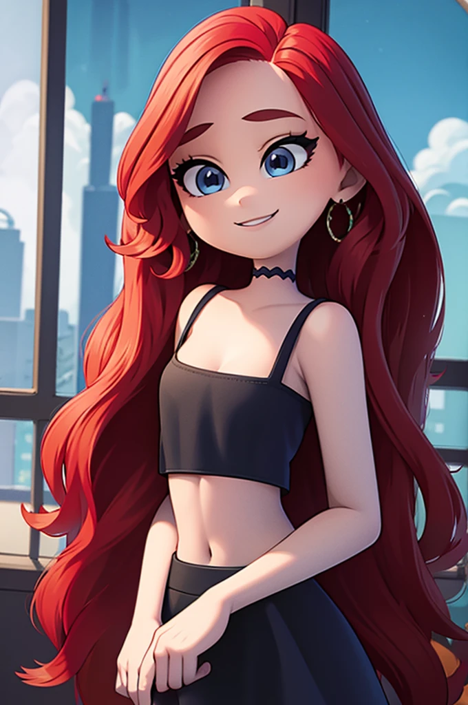 ruby 1 girl, Teenage, Long Red hair, Medium Hair, Blue eyes, bare shoulders, little black dress, short black dress, skin-tight dress, cleavage, standing up, Smile, room, indoor, window, sunset at the city, Sexy, masterpiece, High quality. 2D illustration, 2D flat, Masterpiece, close up, 8K, HDR, portrait, 