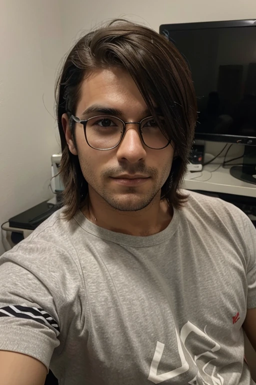 adolecente masculino de cabelo liso e castanho, magro, gamer, nerd,