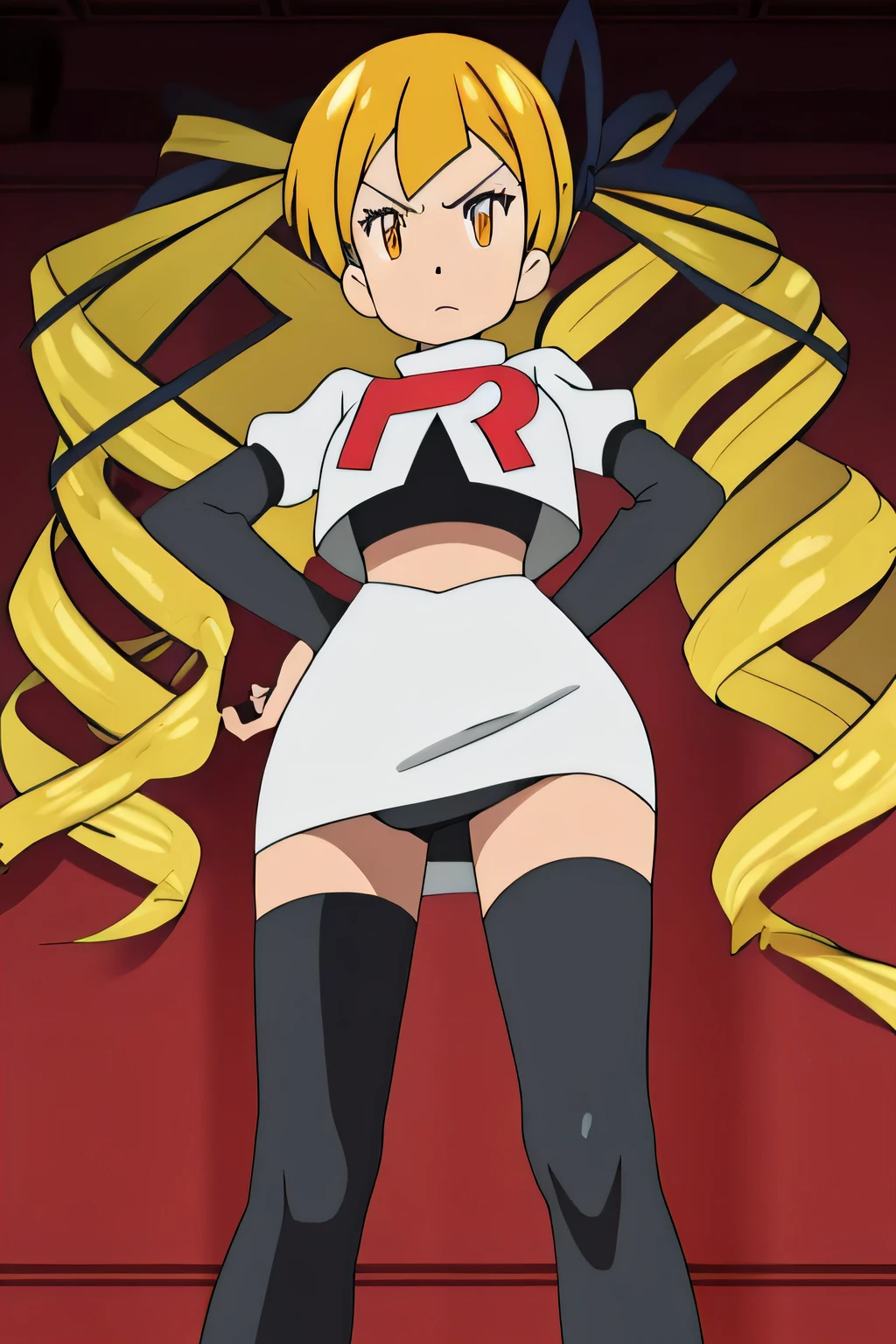 masterpiece,best quality,high res,high quality,8k, masterpiece,highres, team rocket uniform, red letter r, white skirt,white crop top,black thigh-high boots, black elbow gloves, glaring angrily, looking down at viewer, hands on hips, cowboy shot, zettai ryouiki,spread legs,from below, black panties,anime style, vivid colors, sharp focus, intense lighting,Mariabell Crois,yellow hair, drill hair, twin drills, (long hair:1.1), very long hair,, hair ornament, orange eyes