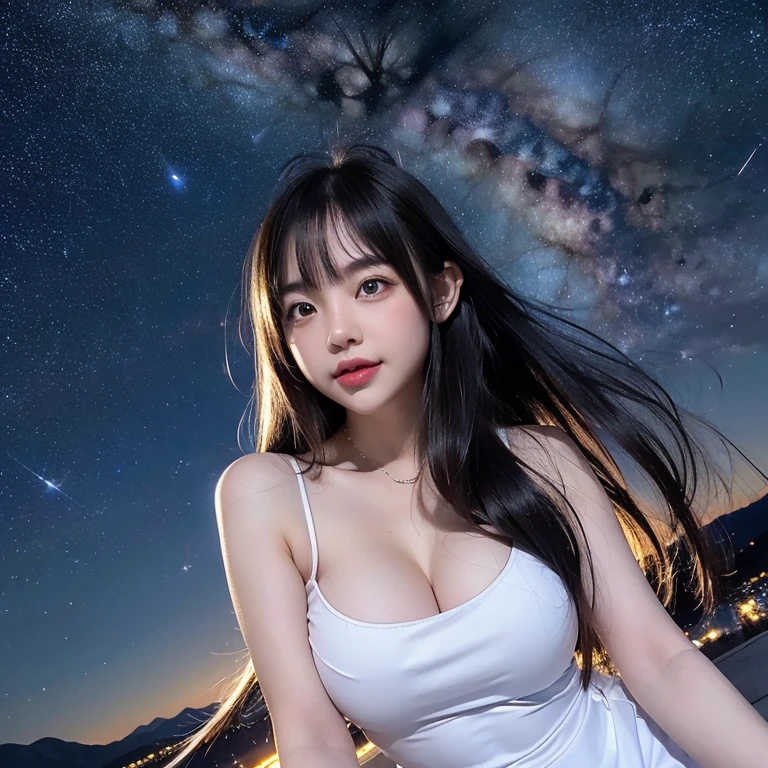 
highest quality, High resolution, (Realistic:1.2), 1 beautiful Japanese girl, Happy smile, High definition eyes, (Large eyes with thick, well-defined double eyelids:1.4), Droopy eyes, Dimples, Black Hair, Long hair blowing in the wind, Smooth straight hair, Slender body, Small breasts, Cleavage, Thighs, White sleeveless dress, Moonless night sky, (Starry Sky, midnight:1.4), Milky Way, Outdoor, plateau, mountains can be seen in the distance, planetarium, View angle from below, Cinematic lighting, 