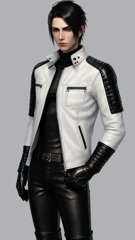 Final fantasy taste graphics, Japanese young cute and cool  boy, thin eyebrows and beady eyes,  he wearing shiny off white leather singlebrest jacket, with epaulet,  jacket is zip upped, jacket pattern is a little  black lines, jacket collar is high length stand-up collar with belt, also wearing black turtleneck, black leather pants,both hands black leather tight and thin glove, black leather knee-high raceup boots, head-to-toe, whole body, final fantasy style、Handsome、Clear eyes and nose、White single leather jacket、Black turtleneck、Black leather pants、Black leather gloves on both hands、Black lace-up leather long boots、Head-to-toe display