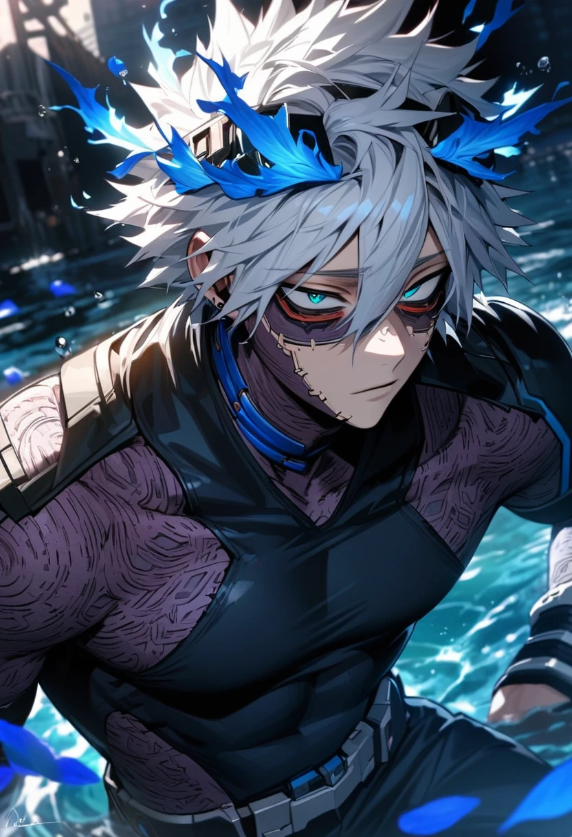 absurdres, highres, ultra detailed, HDR, masterpiece, extremely detailed face and eyes, Dabi, white hair spiked around his head, hair between the eyes, expressive turquoise eyes, boku no hero academia, solo, sexy man, handsome, black coat, black tight shirt, black pants, water, blue flames, blue lilies, blue petals
