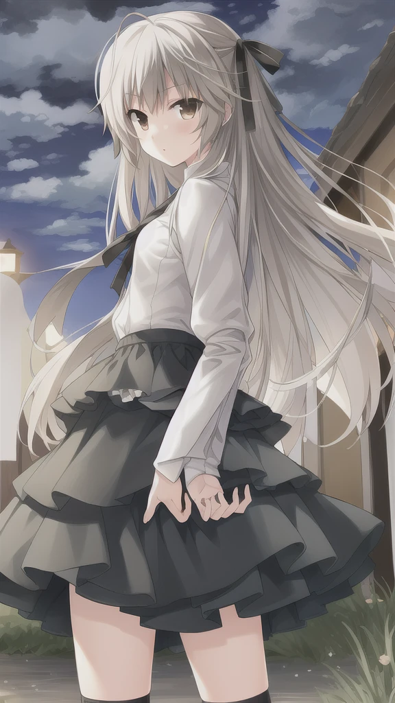 ((masterpiece:1.4, best quality)) ,Kasugano Sora,1 cool girl,Brown eyes,skirt,Plush Toys,Stuffed Animals,stuffed bunny,outdoor,night,Depth of Field,Wind,Cowboy shooting,,Everlasting,Black dress,Black knee socks,Mary Jane Shoes
