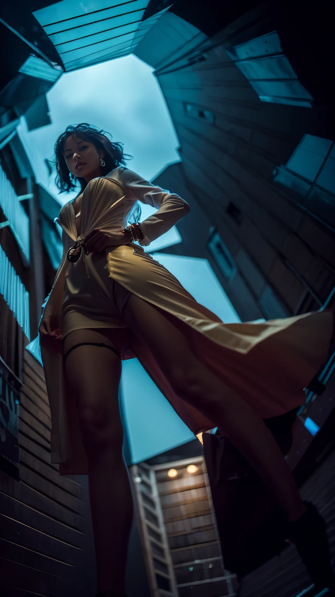 ((Low angle shooting:1.5)), (Photorealistic:1.4, 16k, highest quality:1.3, masterpiece, Ultra-high resolution), ((Typhoon heavy rain)), Highly detailed skin and facial textures:1.3, Perfect dynamic composition:1.2, (Modern city at night, In front of the supermarket at night, Expressions of sadness:0.7), (Climbing the stairs:0.7, View from directly below:0.7), Woman in the rain:1.2, Fair skin:1.2, Sexy beauty:1.1, Incredibly slim body:1.2, beautifully、aesthetic:1.1, Very beautiful face:1.2, Water droplets on the skin, (Rain dripping down on my body:1.2, Wet body:1.2, Wet Hair:1.3), (Holding a wet shopping bag:1.2, Wet long skirt:1.2, Wearing wet casual clothes:1.3), belt, (Shapely large breasts, Bra is sheer, Chest gap), (Big eyes that exude beautiful eroticism:0.8, Lips that exude beautiful eroticism:0.8, Adult charm:0.8, Fascinating:0.8), necklace, Earrings, bracelet, wedding ring, Highly detailed and accurate hand and finger representation