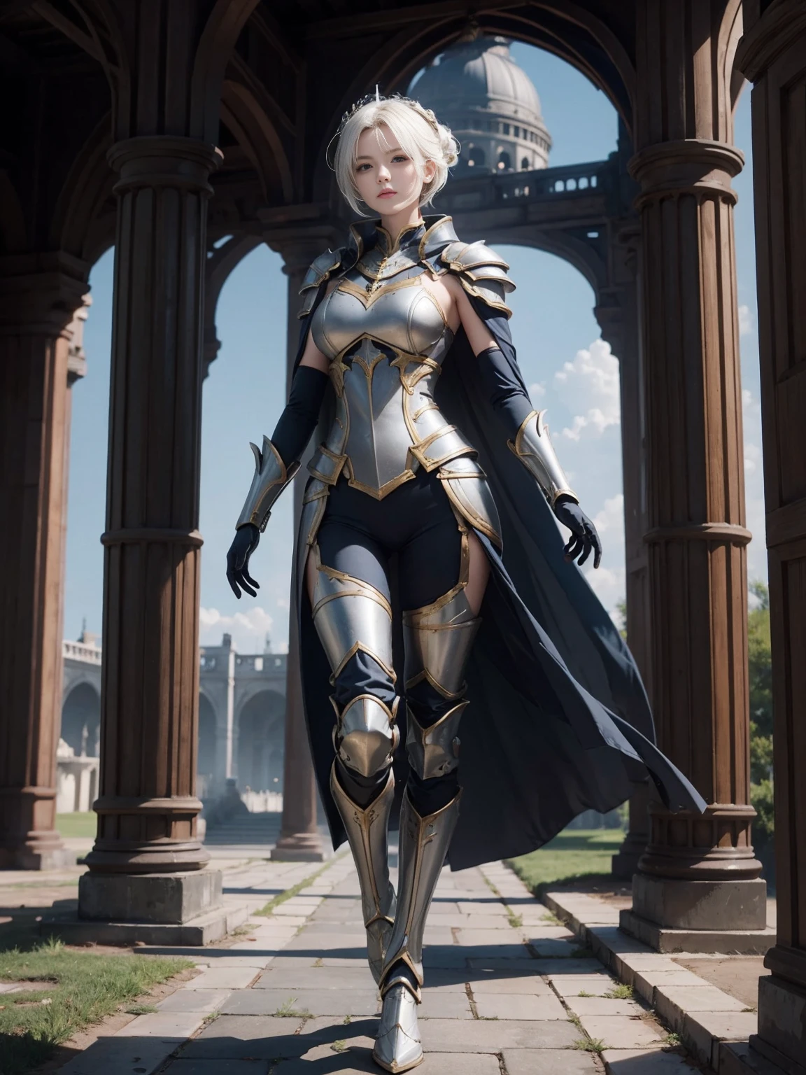 ((1 Full body single woman)) ,(Shooting from front), looking at the camera, centered image, tmasterpiece,A high resolution,Absolutely beautiful, facing camera, Tall and tall,big breast, white short hair with updo, (full coverage armor, Ornately decorated armor, Exquisite details of the armor and pants, warrior, gloves, show armor iron boots, pauldrons with capes, allure:(Tall:1.5),haughty, Rich scene detail,In the midst of the war,are standing,action