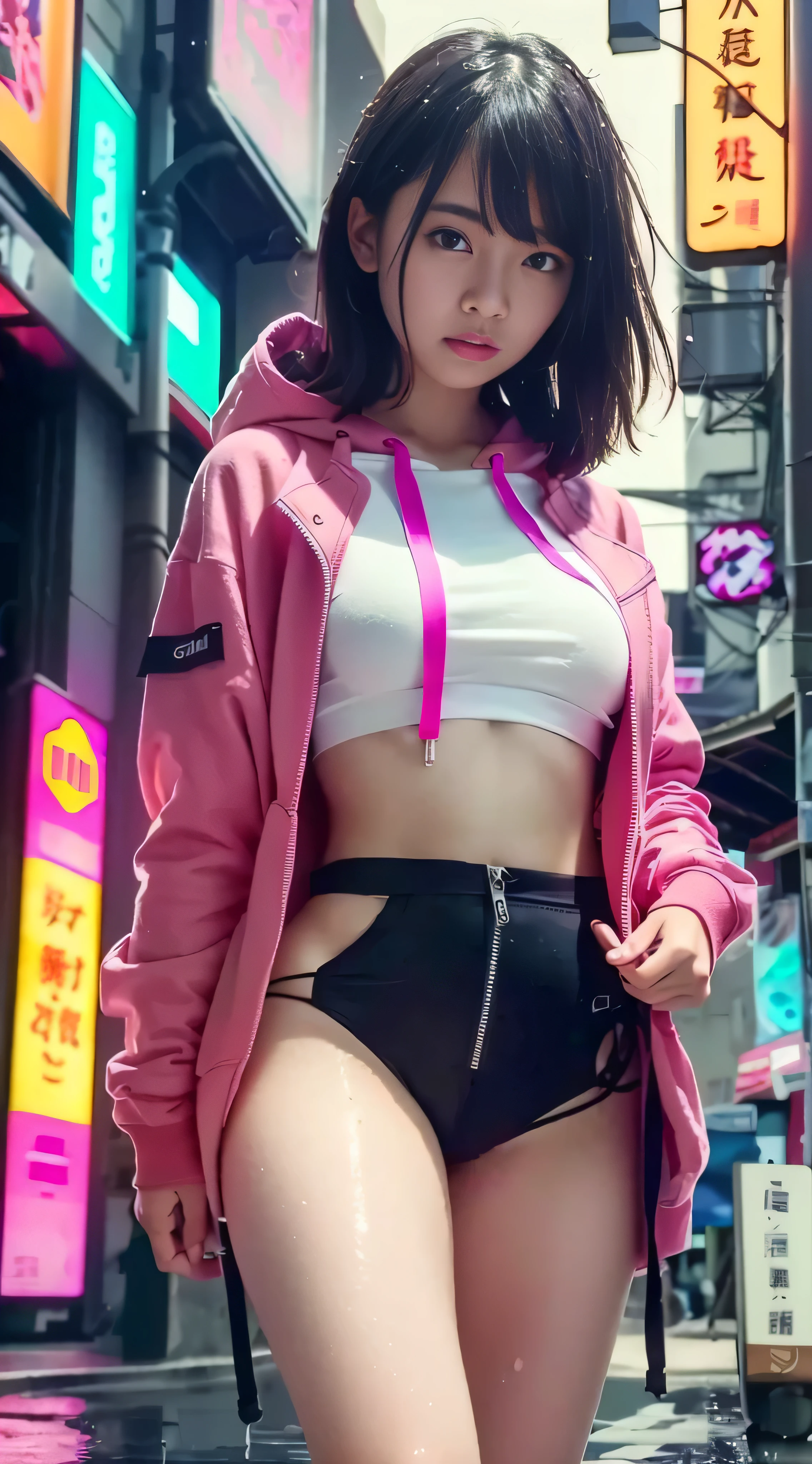 RAW Image Quality、8k resolution、Ultra-high-definition video、Space Punk Girl,(((One Girl))),((bright and beautiful girl)), (Big ample breasts:1.4),Saggy breasts,((brown hair,disheveled brown hair,Inner hair color,Big Hair:1.5,Extraordinarily long and empty hair:1.35,Long brown hair,Ear breathing,intricately cut hair)),,(((Neon blue eyes:1.3))),Complex eyes,Beautiful and fine details,Neon colored eyes:1.5,Bright Eyes,Symmetrical eyes,((Grease)),(((Glowing Skin:1.5,Glowing Skin: 1.5,Sunburned skin,Glowing Skin,Very Glowing Skin,Shiny body,Plastic Glitter Skin,Exaggerated shiny skin,Glowing Skin,Wet legs))),(Spider's underbelly,Big breasts and small waist,Wide Hips,moving body,bulging legs,Delicate and fine fingers,Detailed Body,Human hand,(Detailed face)), Beautiful poop,Slut,seducer,erotic,(((Browsing Caution))), (Graffiti art on clothing),zettai ryouiki,Revealing clothing,show your skin,(((Underbust))),(bodyguard),(Half naked,Wearing flimsy clothes,((Small string)),barefoot,Visible lace straps),((((White cropped tank top,hoodie,complicated hoodie)))),(((Wet clothes,Complicated costumes,Complex clothing))), (Dynamic Pose:1.0),solo approach,Embarrassing,(middle,Scale to fit dimensions,Rule of thirds), cyber punk city by the sea at night, Bright neon sign and dark storm clouds and puddles, Scenic:1.25,(cyber punk:1.4), Unreal Engine:1.4,Hmph,highest quality:1.4, About Photorealism:1.4, Skin Texture:1.4, masterpiece:1.8,High resolution, Sharp focus, (Ultra-detailed, Very detailed), (Photorealistic:1.37),(Very detailed 8k photos),((Synthwave background theme)),(((Bright colors))),(Complex background),(masterpiece),(highest quality),Synthwave Neon Colors, Shallow い depth of writing, Blurred Background,