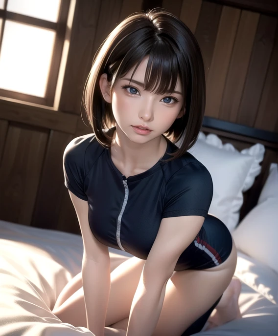 Japanese girl,(非常にdetailedな肌),curvy,,Beautiful big breasts,(Big Breasts),Pale skin,Pointed Chest,Erect nipples,(Fantasy art,Best image quality,Hyperrealist portrait,(8k),Ultra-realistic,最high quality, high quality, High resolution, high quality texture,Attention to detail,Beautiful details,detailed,Extremely detailed CG,detailed Texture,Realistic facial expressions,masterpiece,in front,dynamic,bold),short hair,(very thin hair),(Very soft hair),(Super Straight Hair:1.5),length, sleek bangs,Very light coppery amber hair,Hair on one eye,Wear training clothes、The lines of the body are clearly visible、Clothes that fit the body、On the bed、She is on all fours with her face against the bed.、Lifting the buttocks high、Crotch seam、Drawing from behind、Accentuate your butt、Emphasizes the feeling of your buttocks being squeezed、Depict the whole body、Full Body、Rear view