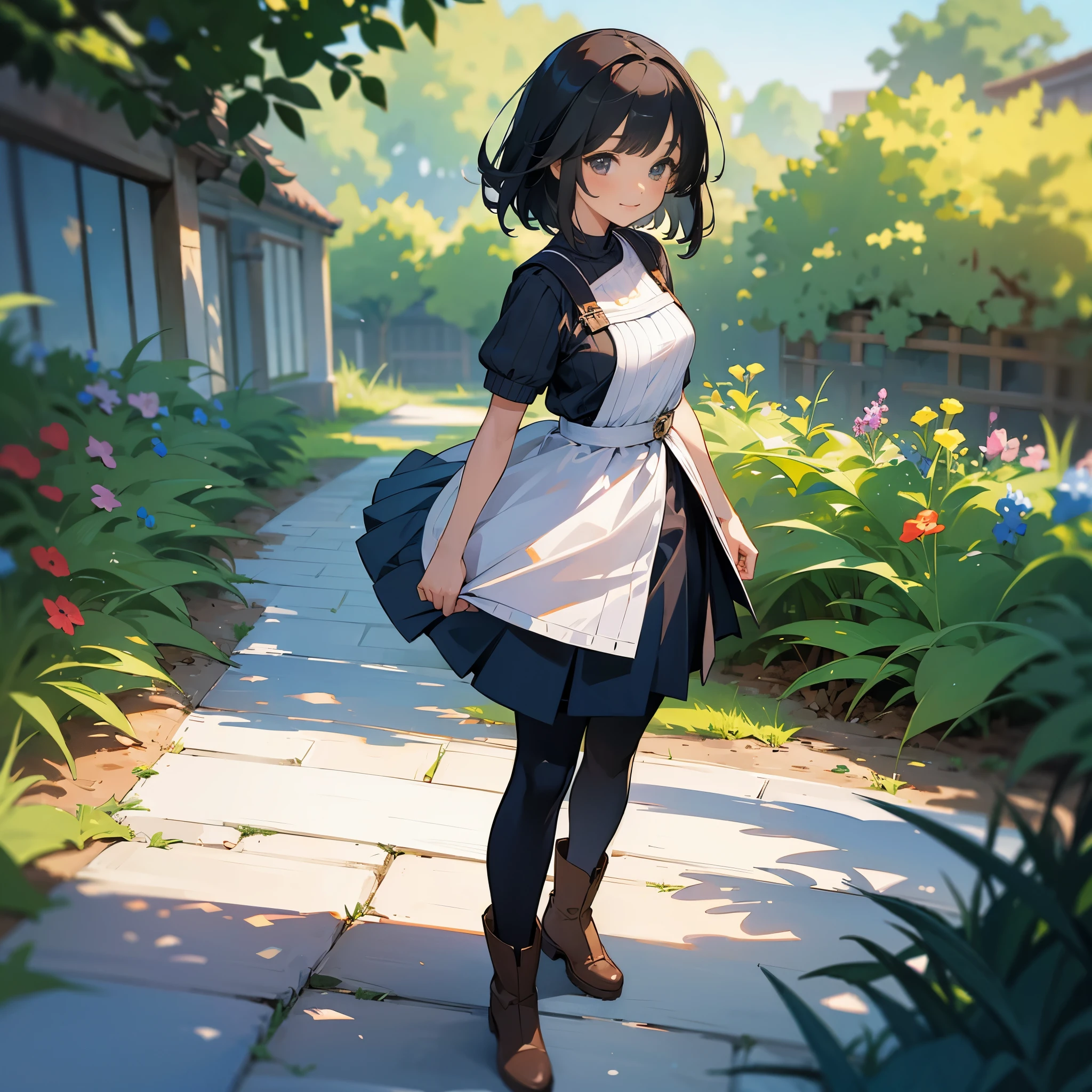 (high quality, High resolution, Very detailed, reality:1.37), Peaceful atmosphere, (Outdoor, garden),  girl standing alone, (my breasts are big.), Beautiful detail features, Cute Smile, (Black bob hair), Short sleeve ribbed sweater, Blue Skirt, black tights, Brown boots.