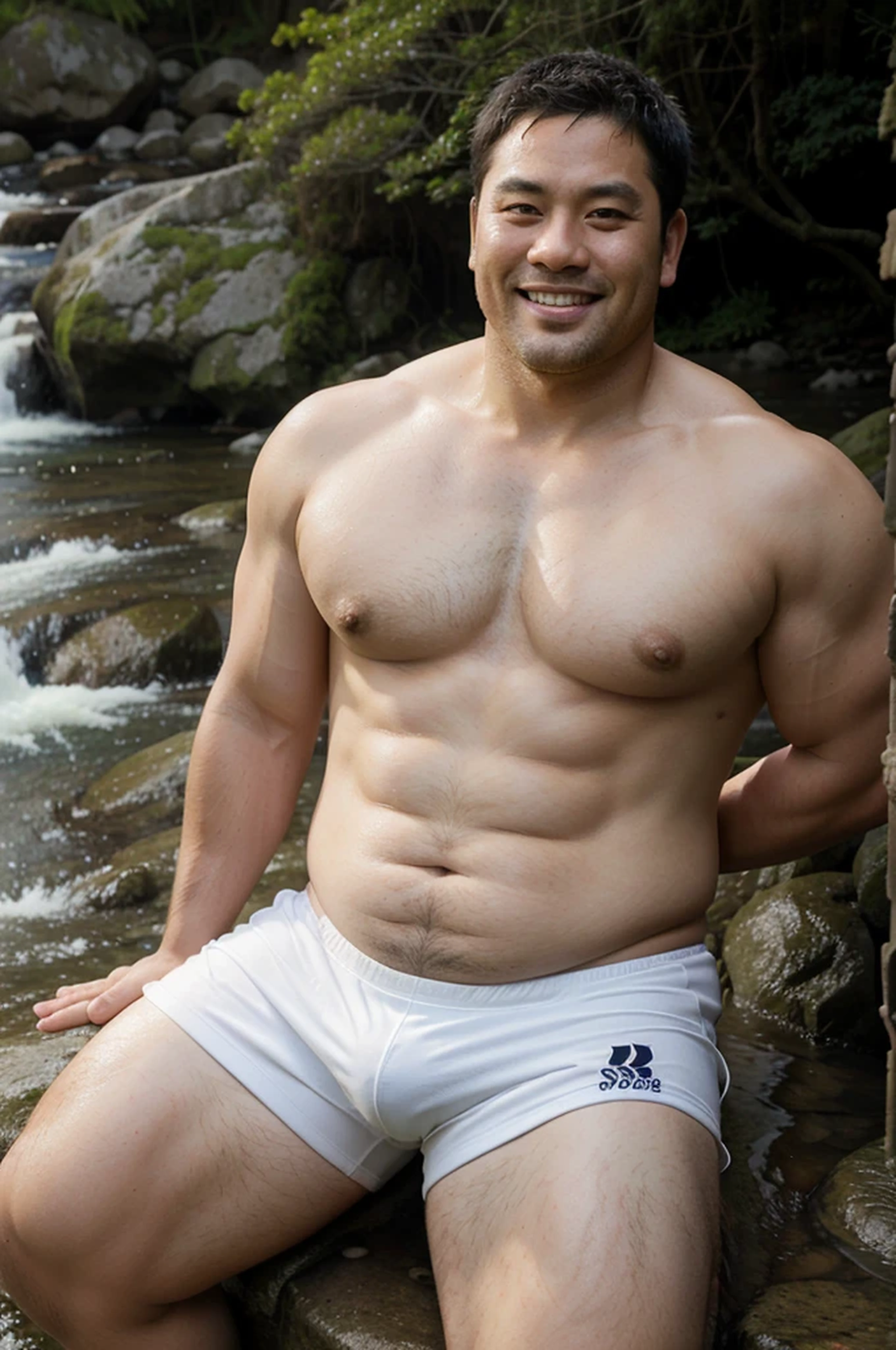 A 38 years old stocky chubby thick Japanese man who is a former rugby player in competitive white swim suit is sitting by the mountain stream shirtless alone low angle smile legs are spread a part hold knees from behind
