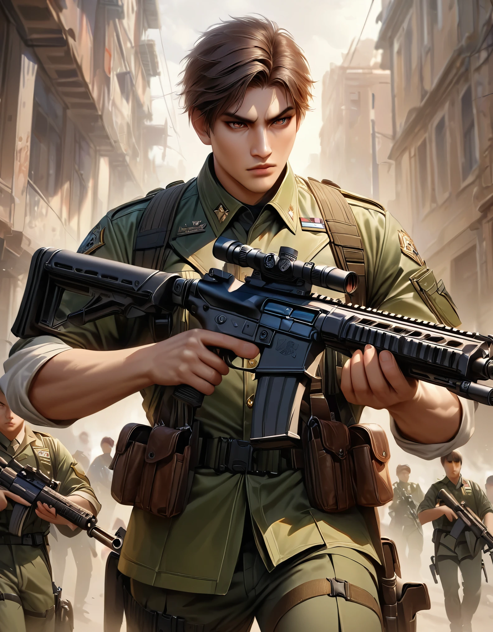 masterpiece, best quality, hyper-detailed, ultra-detailed, 1boy, college-age man, assault rifle, brown eyes, brown hair, gun, holding gun, holding weapon, holster, holstered weapon, male focus, military, military uniform, pistol holster, realistic, rifle, scope, sleeves rolled up, solo, solo focus, trigger discipline, uniform, light green uniform, weapon