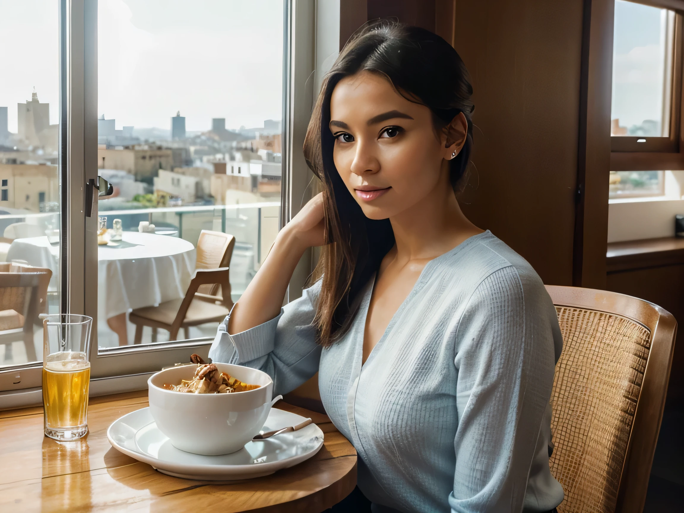 European woman, Ultrorealistic, 20 years old, in a restaurant, in the city of Matera, sitting in a chair and waiting for the waiter, with ponytail hairstyle and wearing, (Best quality,4k,8K,High resolution,masterpiece:1.2),Ultra-detailed,(realistic,photo-realistic,photo-realistic:1.37),Bright colors,Bokeh,Portraits,Black hair,Light skin,Bright blue eyes,Beautifully detailed lips,Elegant pose,Stylish and modern restaurant interior,Soft natural light,Silver cutlery on the table,Waffles on the table,Lots of food on the table,Waffles,Menu card on the table,Waiters in formal wear,Woman's table by the window overlooking the cityscape of Matera,Hint of sunlight pouring in the window,Creating a warm and cozy atmosphere. stones_of_matter in the background