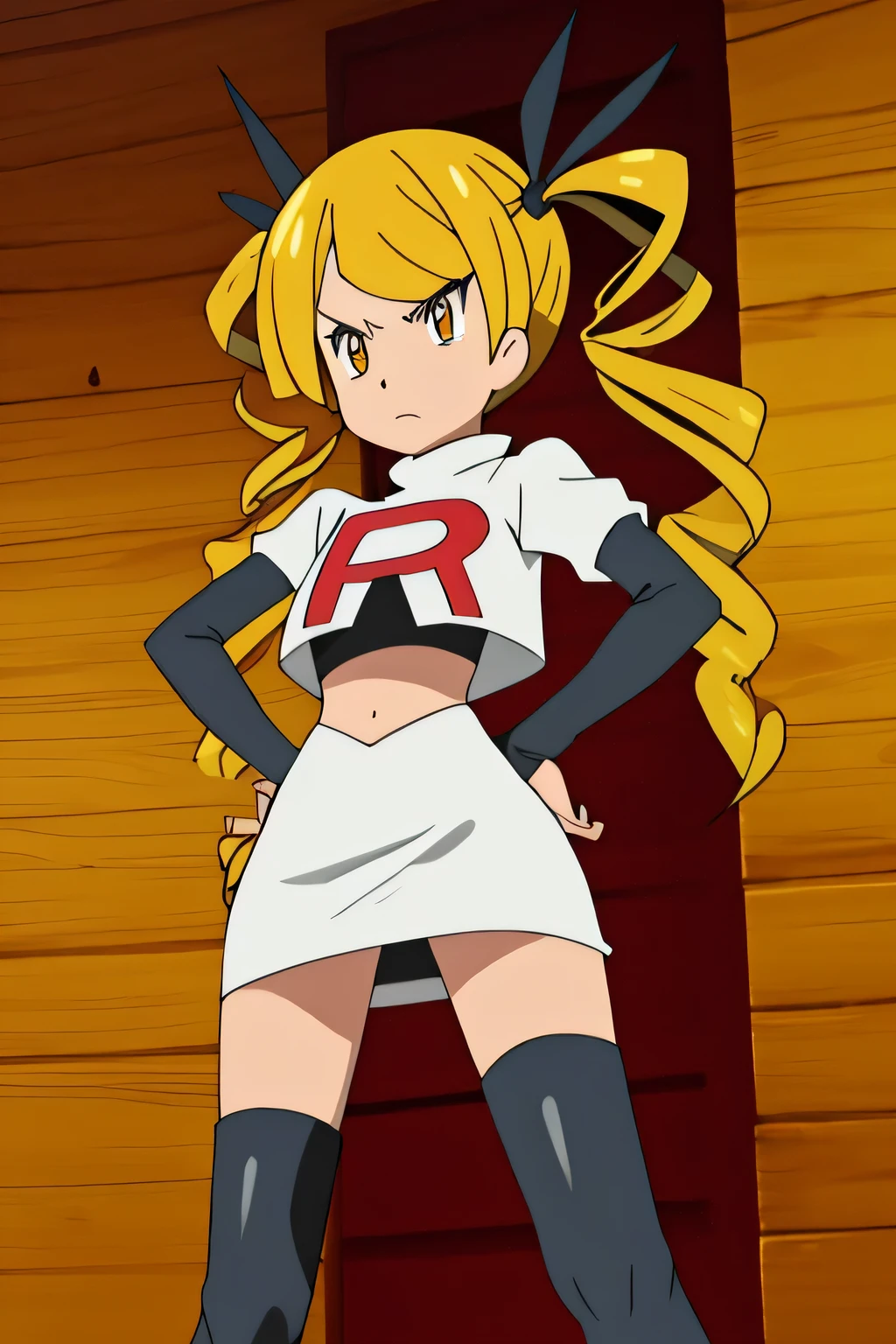 masterpiece,best quality,high res,high quality,8k, masterpiece,highres, team rocket uniform, red letter r, white skirt,white crop top,black thigh-high boots, black elbow gloves, glaring angrily, looking down at viewer, hands on hips, cowboy shot, zettai ryouiki,spread legs,from below, black panties,anime style, vivid colors, sharp focus, intense lighting,Mariabell Crois,yellow hair, drill hair, twin drills, (long hair:1.1), very long hair,, hair ornament, orange eyes