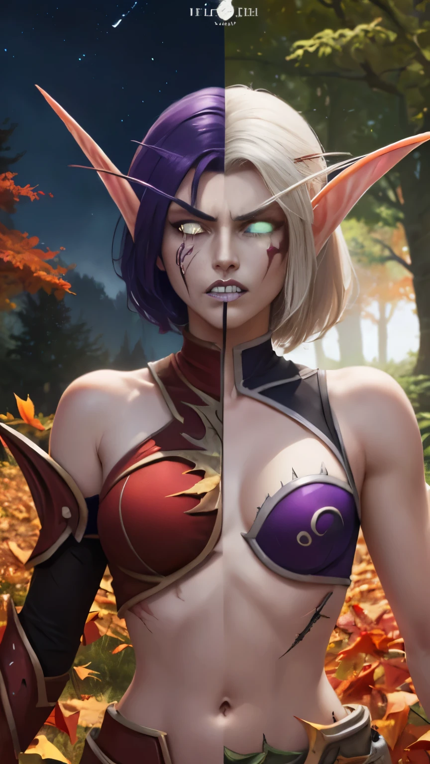 (Masterpiece, highly detailed, highly quality,  highly resolutions), duality, split colored hairs, split colored eyes, split colored armor, split colored trim, split theme ((SplitScreen, split screen, BREAK nightelf, angry, clenched teeth, scars on face, glowing eyes, blue eyes, Purple Hair, colored skin, mature female, purple midriff, navel, purple shoulder pad, platinum trim, spring leaves, looking at viewer, forest, night, bare shoulders, spring season), (SplitScreen, split screen, BREAK bldelf, angry, clenched teeth, blood strains on faces, glowing eyes, yellow eyes, Blonde hair, colored sclera, mature female, red short shirt, navel, red shoulder pad, gold trim, fall leaves, looking at viewer, forest, day, bare shoulders, Fall season))
