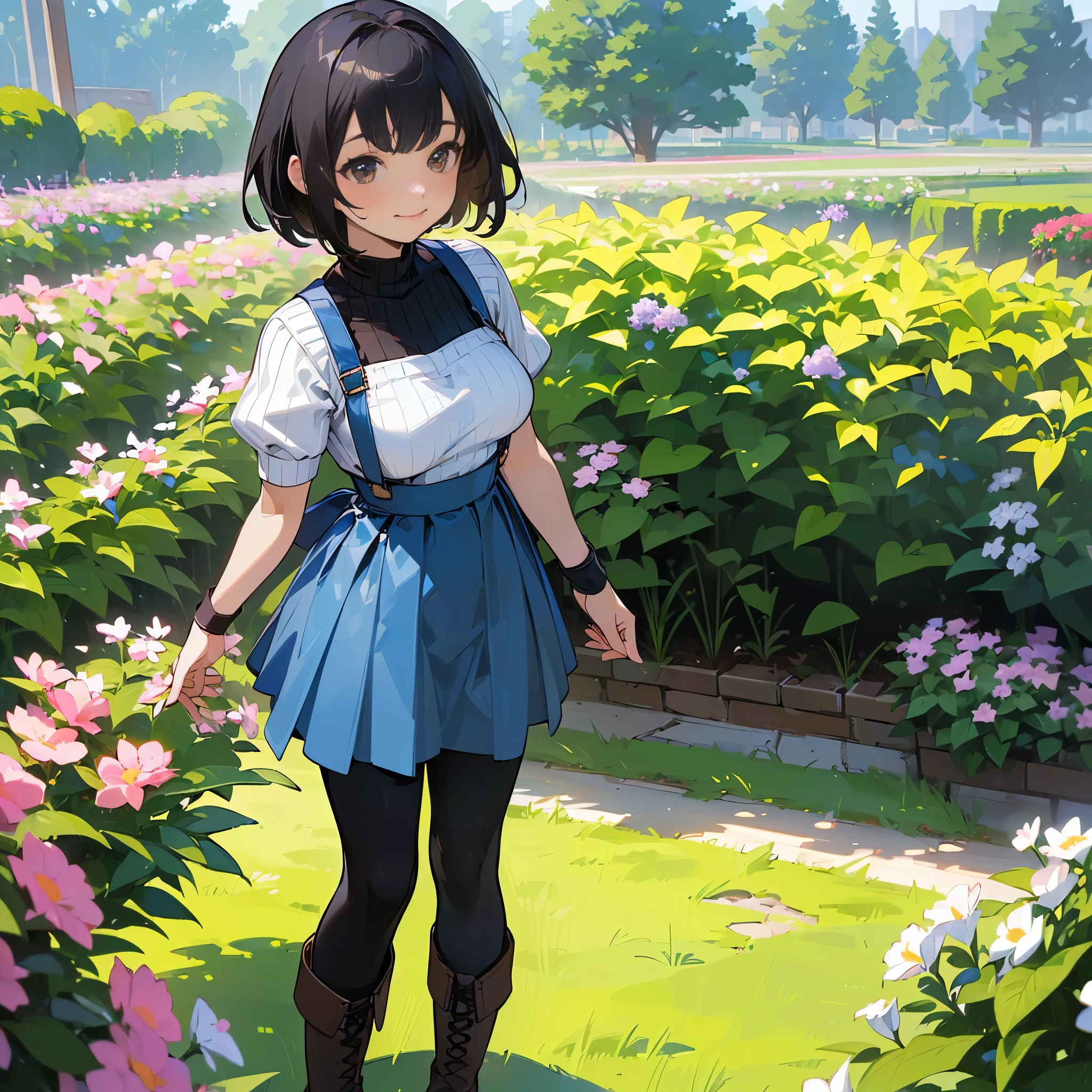 (high quality, High resolution, Very detailed, reality:1.37), Peaceful atmosphere, (Outdoor, garden),  girl standing alone, (my breasts are big.), Beautiful detail features, Cute Smile, (Black bob hair), Short sleeve ribbed sweater, Blue Skirt, black tights, Brown boots.