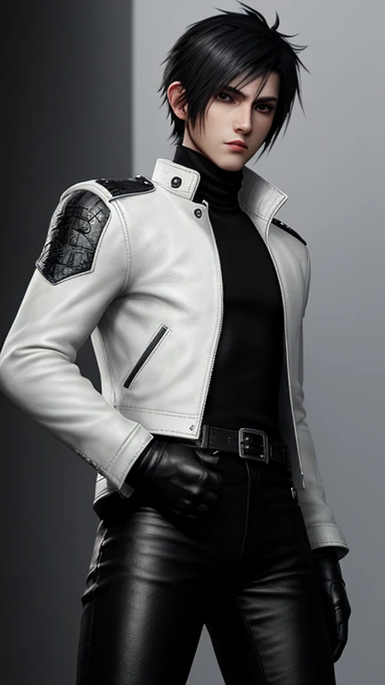 Final fantasy taste graphics, Japanese young cute and cool  boy, thin eyebrows and beady eyes,  he wearing shiny off white leather singlebrest jacket, with epaulet,  jacket is zip upped, jacket pattern is a little  black lines, jacket collar is high length stand-up collar with belt, also wearing black turtleneck, black leather pants,both hands black leather tight and thin glove, black leather knee-high raceup boots,show, show head-to-toe, whole body, final fantasy style、Handsome、Clear eyes and nose、White single leather jacket、Black turtleneck、Black leather pants、Black leather gloves on both hands、Black lace-up leather long boots、View from head to toe in the distance、Realistic image quality and texture