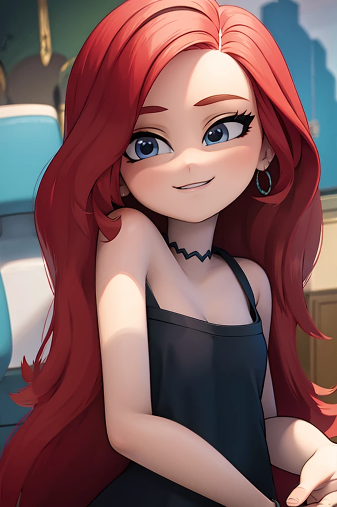 ruby 1 girl, Teenage, Long Red hair, Medium Hair, Blue eyes, bare shoulders, little black dress, short black dress, skin-tight dress, cleavage, standing up, Smile, room, indoor, window, sunset at the city, Sexy, masterpiece, High quality. 2D illustration, 2D flat, Masterpiece, close up, 8K, HDR, portrait,