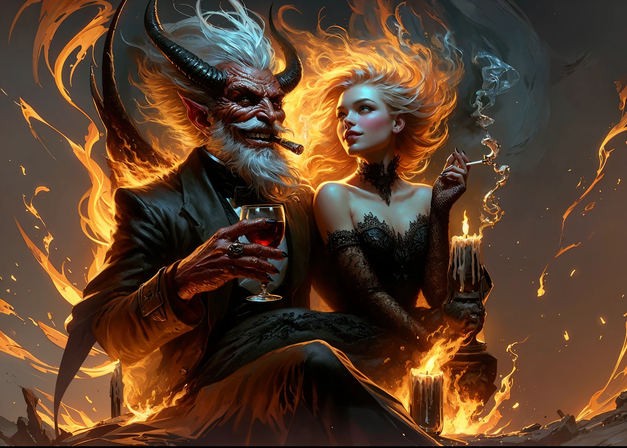Fantasy art, Malczewski as old devil Mephisto, concept art by Jacek Malczewski , with handsome features, smoking cigarette and hold glass wine in hand.. . sitting on a thtone in hell, blowing fire in the breeze around womans gothic wearing danced. Smiling frayed dramatic action move, full pose, matte oil painting on canvas, 1870s symbolism, super-fine details, eyes detailed, face detailed, hair detail, accurate, beautiful portrait, high quality oil painting, intense light