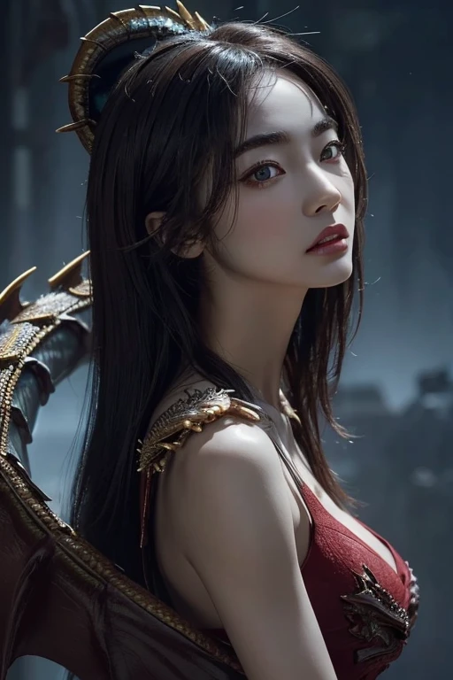 Rough Craft'S Worldから来た女性のエイリアン, highly detailed artistic photography, midnight aura, Night Sky, Detailed gorgeous face, dream-like, Shine, Backlit, Glamour, Sparkling, (very detailed face and eyes:1.2), (High resolutionの光る赤い目:1.4), Perfect Anatomy, (A beautiful, toned body:1.5), (Moisturized Skin:1.2), No makeup, (dragon:1.6),(Thick eyebrows:1.2), Long canines. Smooth, extRa High resolution, 8K, Unreal Engine 5, Ultra-sharp focus, Art by Alberto Seveso, The buds of art, Barbaric, SF, Complex芸術作品の傑作, evil, Matte Movie Poster with Image, Golden Ratio, Trending on CGsociety, Complex, wonderful, ArtStation Trends, author: The buds of art, H. R. Giger and Beksinski, very detailed, Rough Craft'S World, Cthulhu, vibration, Draw a movie character, Ultra high quality model, Cinematic Quality, Detail up, (Complex details:1.2), High resolution, High resolution, draw faithfully, (Thick eyebrows:1.2), (Big scarlet eyes:1.3)