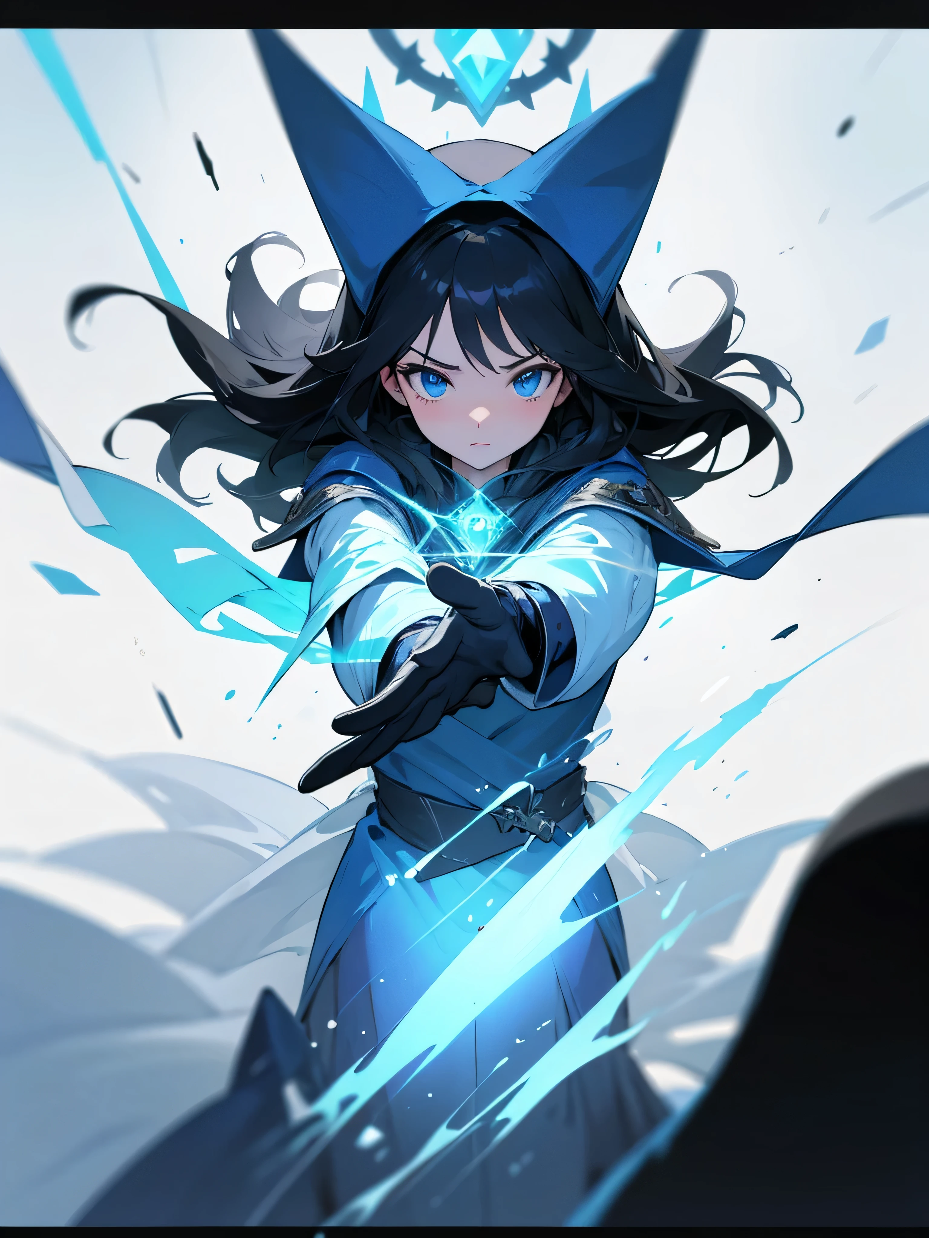 (masterpiece, best quality),cinematic composition, letterboxed, depth of field, solo focus, 1girl, long straight black hair, blue eyes, wearing ice mage robes, arctic, frost magic, absurdres, high res, ultrasharp, 8K, masterpiece, gloves, looking at viewer, blizzard