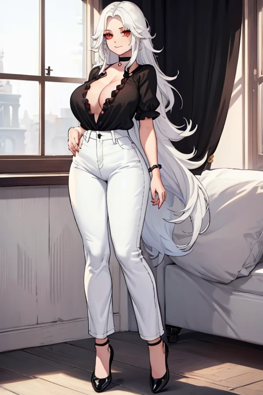 female, white long hair, red eyes, (((1girl))), (((black blouse))), (black choker), (white denim pants), (black flats), huge breasts, huge butt, toned legs, gentle smile, full body, cleavage