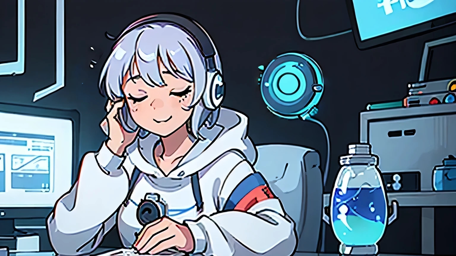{best quality}, {ultra-detailed}, A bright and white laboratory, Woman listening to music with headphones, Close your eyes and smile, hoodie,　A flask containing a clear blue liquid sits on the desk.,　cyber punk,　hologram, I am studying music, Lots of monitors, 1girl, Inorganic space, A cute round robot behind, Super elaborate fingers,　Holding your phone in your hand,