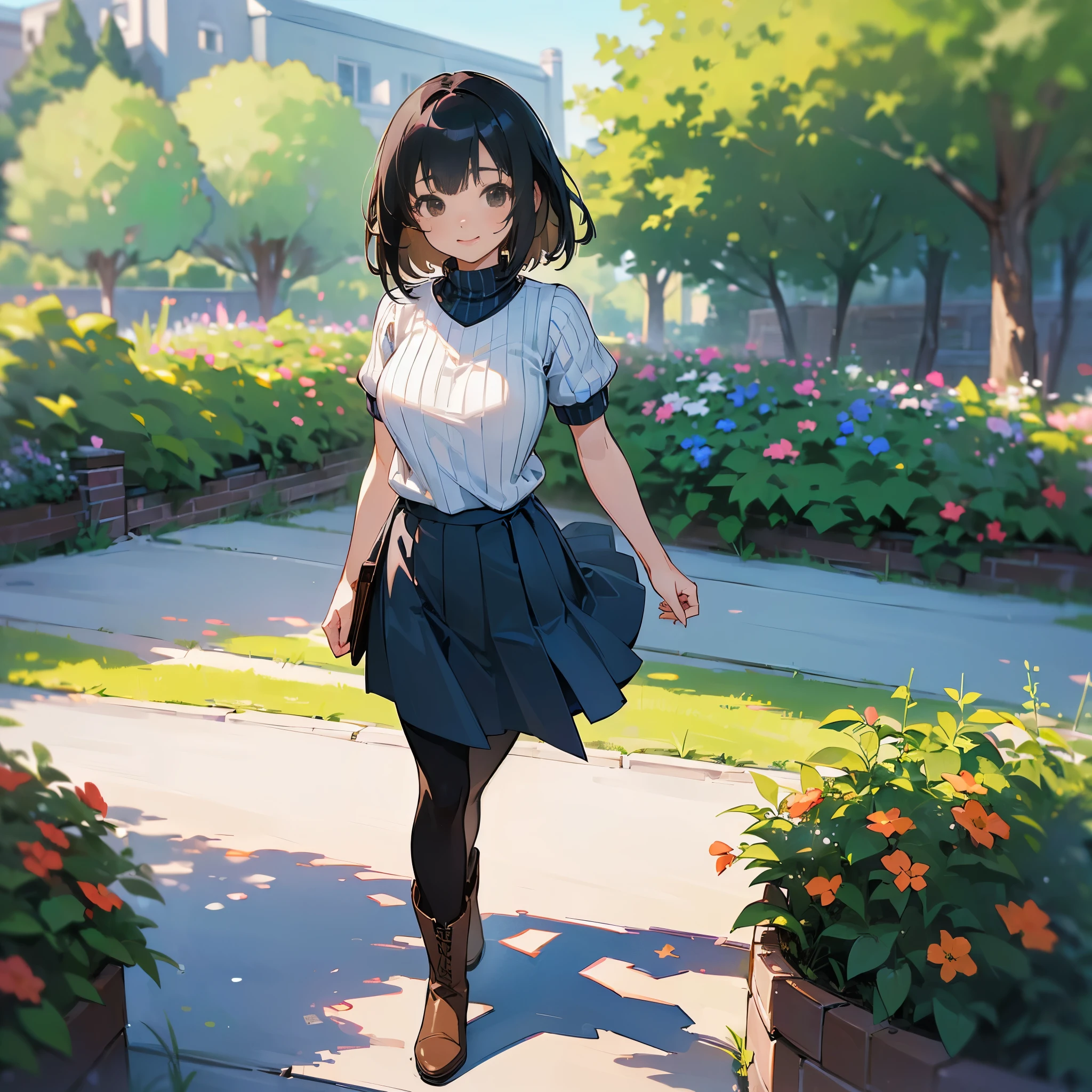 (high quality, High resolution, Very detailed, reality:1.37), Peaceful atmosphere, (Outdoor, garden), age girl standing alone, (my breasts are big.), Beautiful detail features, Cute Smile, (Black bob hair), Short sleeve ribbed sweater, Blue Skirt, black tights, Brown boots.
