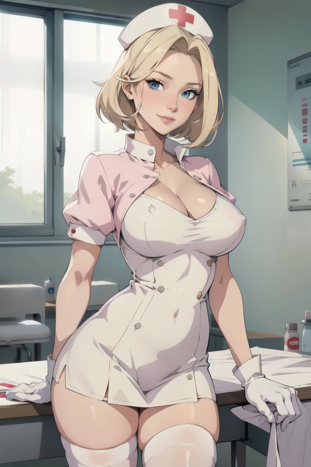 1woman, Nurse, nurse uniform, Nurse Cap, Whiteware, ((White legwear, zettai ryouiki)), White Gloves, Blonde hair, Blue eyes, pink lipsticks, Smile, Standing, sharp outline, Short sleeves, a mature female, 35 year old, Best Quality, masterpiece, infirmary, As chest shows, chest escaping, rain on face, sensuous pose, tit visible