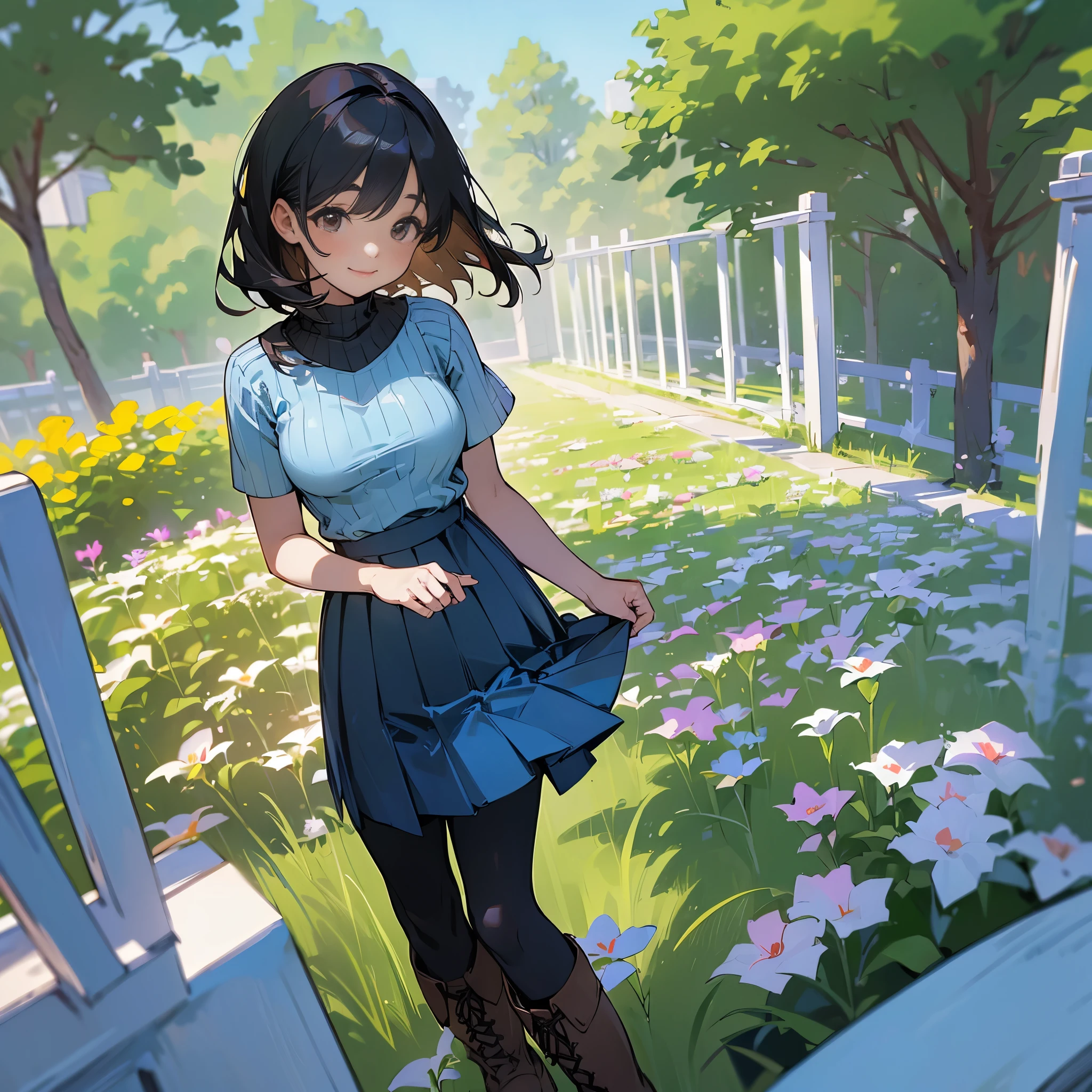 (high quality, High resolution, Very detailed, reality:1.37), Peaceful atmosphere, (Outdoor, garden), teenage girl standing alone, (my breasts are big.), Beautiful detail features, Cute Smile, (Black bob hair), Short sleeve ribbed sweater, Blue Skirt, black tights, Brown boots.
