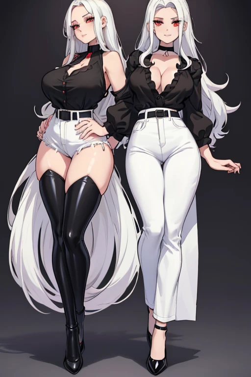 female, white long hair, red eyes, (((1girl))), (((black blouse))), (black choker), (white denim pants), (black belt), (black flats), huge breasts, huge butt, toned legs, gentle smile, full body, cleavage
